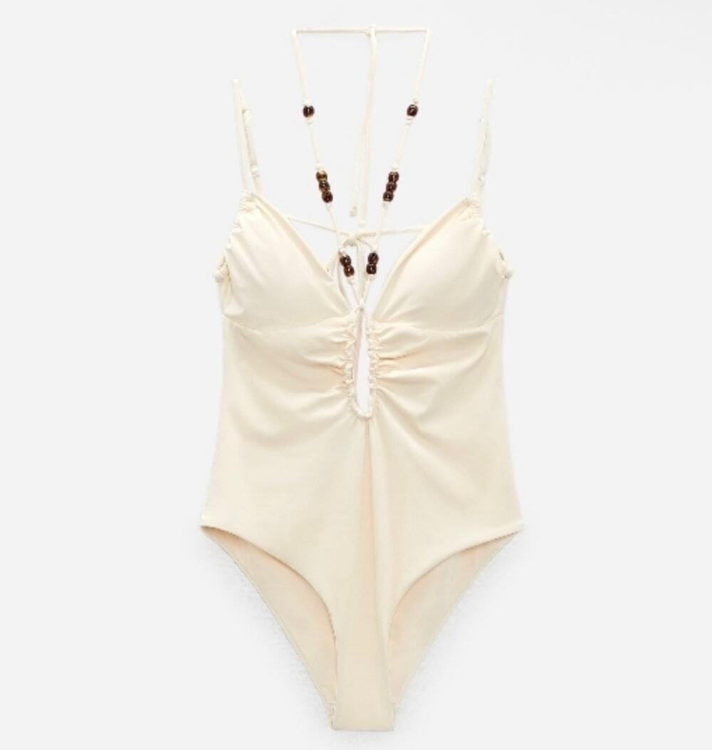 Zara NWT Beaded Halter One Piece Swimsuit Cream White Boho Medium